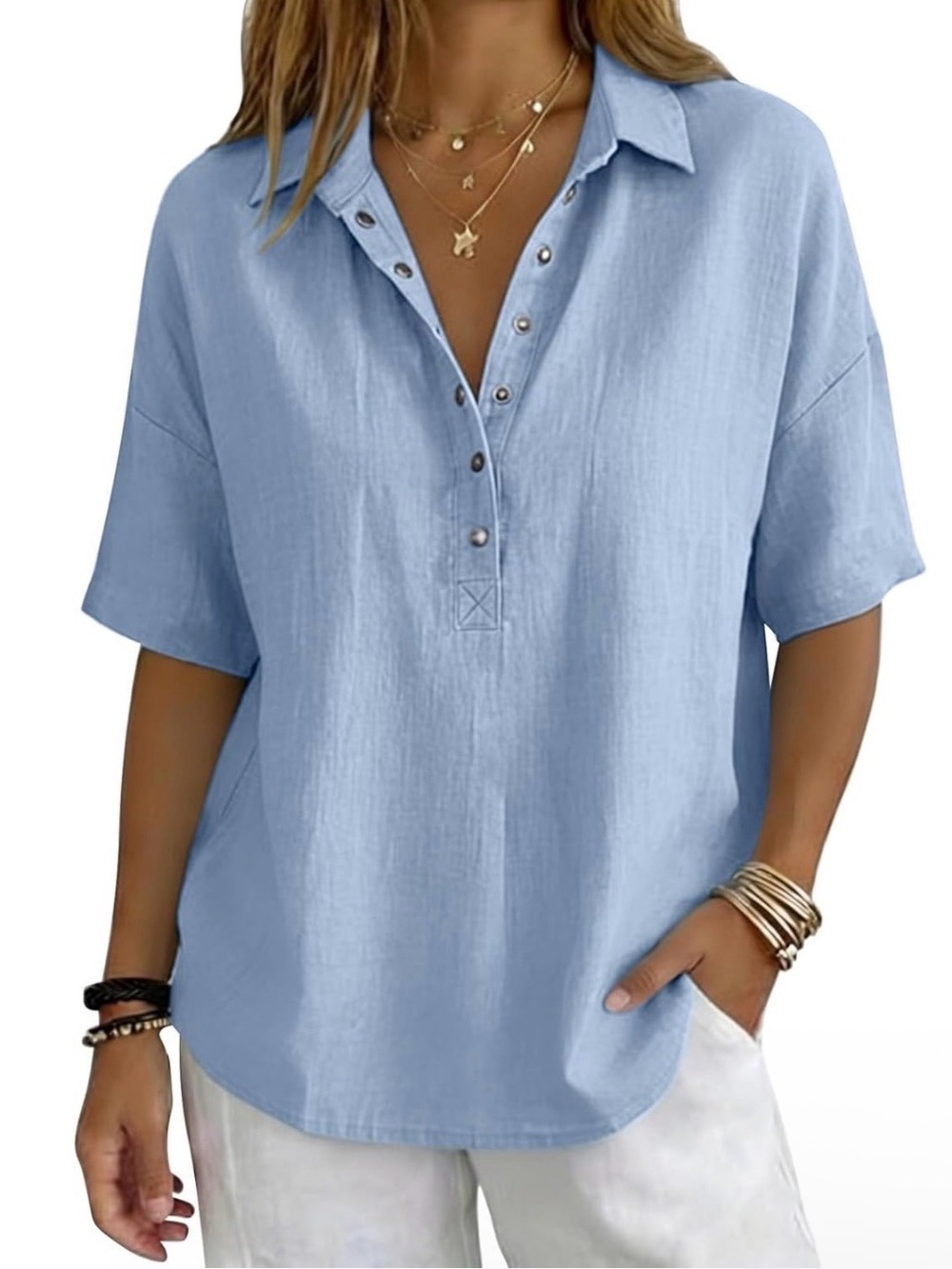 Light Blue Button-Detail Relaxed Collar Shirt - Women